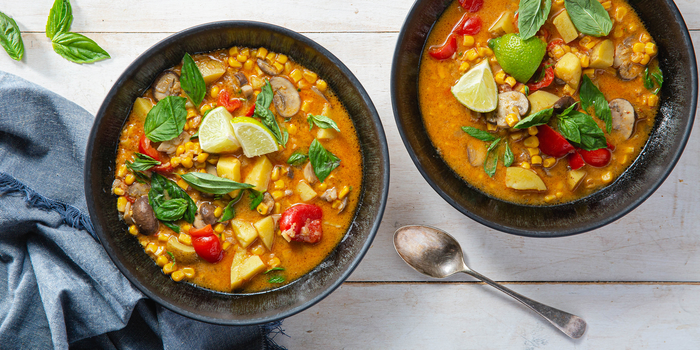 Thai Vegetable Corn Chowder with Basil & Lime