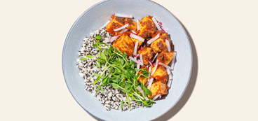 Almond Butter Tofu pea shoots, quinoa-studded rice