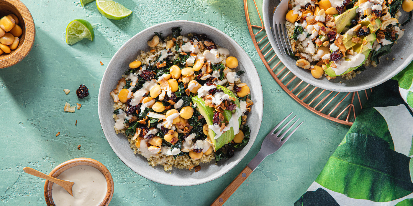 Cashew Coconut Grain Bowls with Chili Lime Lupini Beans & Tahini Dressing