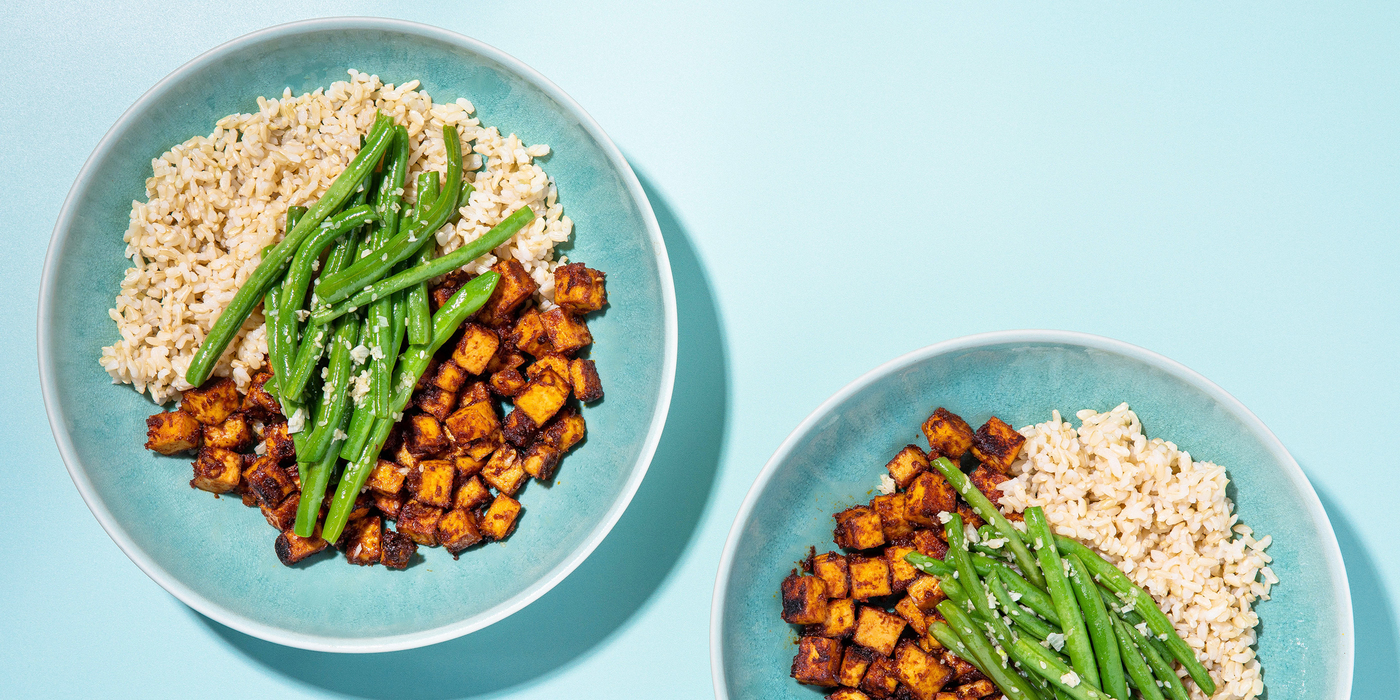 Gochujang Tofu Bowls with Brown Rice & Sesame-Garlic Green Beans