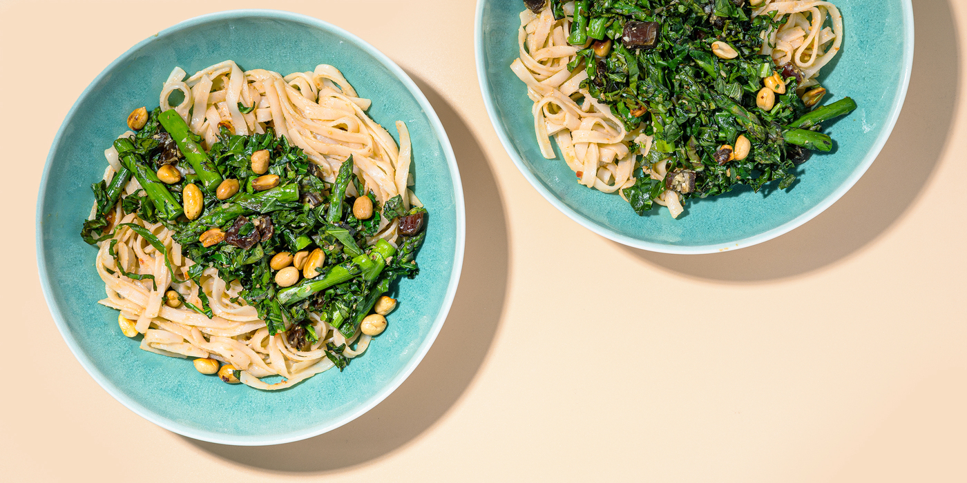 Creamy Peanut Noodles with Gingered Asparagus & Collard Greens