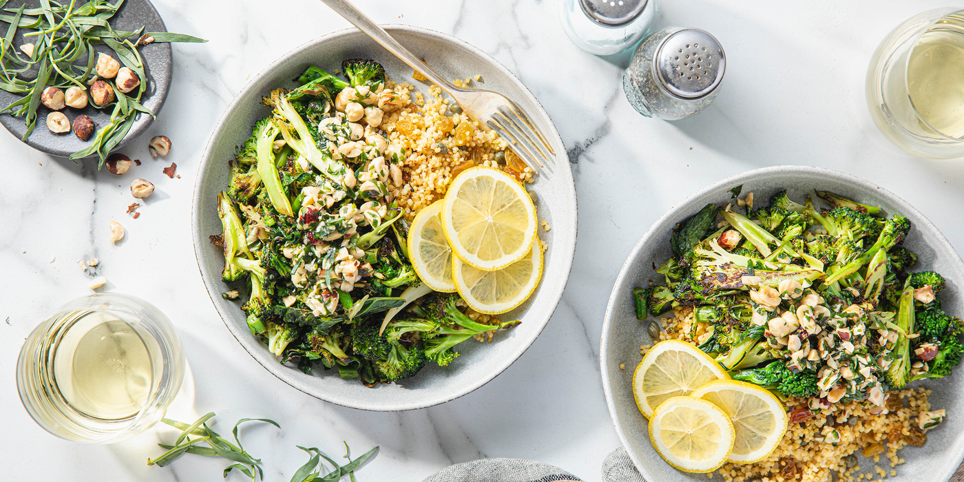 Sicilian-Style Broccoli with Tarragon Hazelnut Relish & Lemon Caper Millet