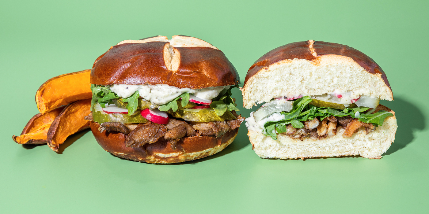 Crispy Mushroom Chick'n Sandwiches with Sweet Potato Fries & Garlicky Ranch