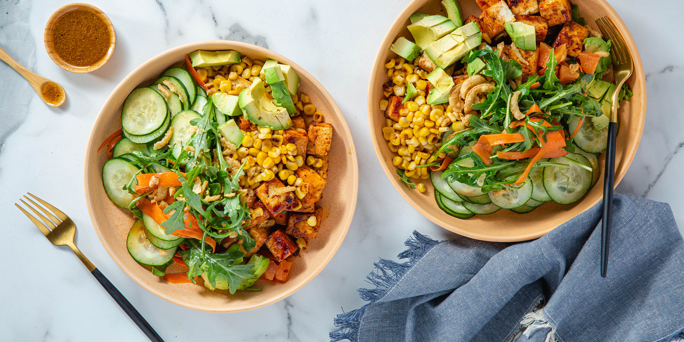 Rainbow Vegetable Bowls with BBQ Tofu & Sweet Corn