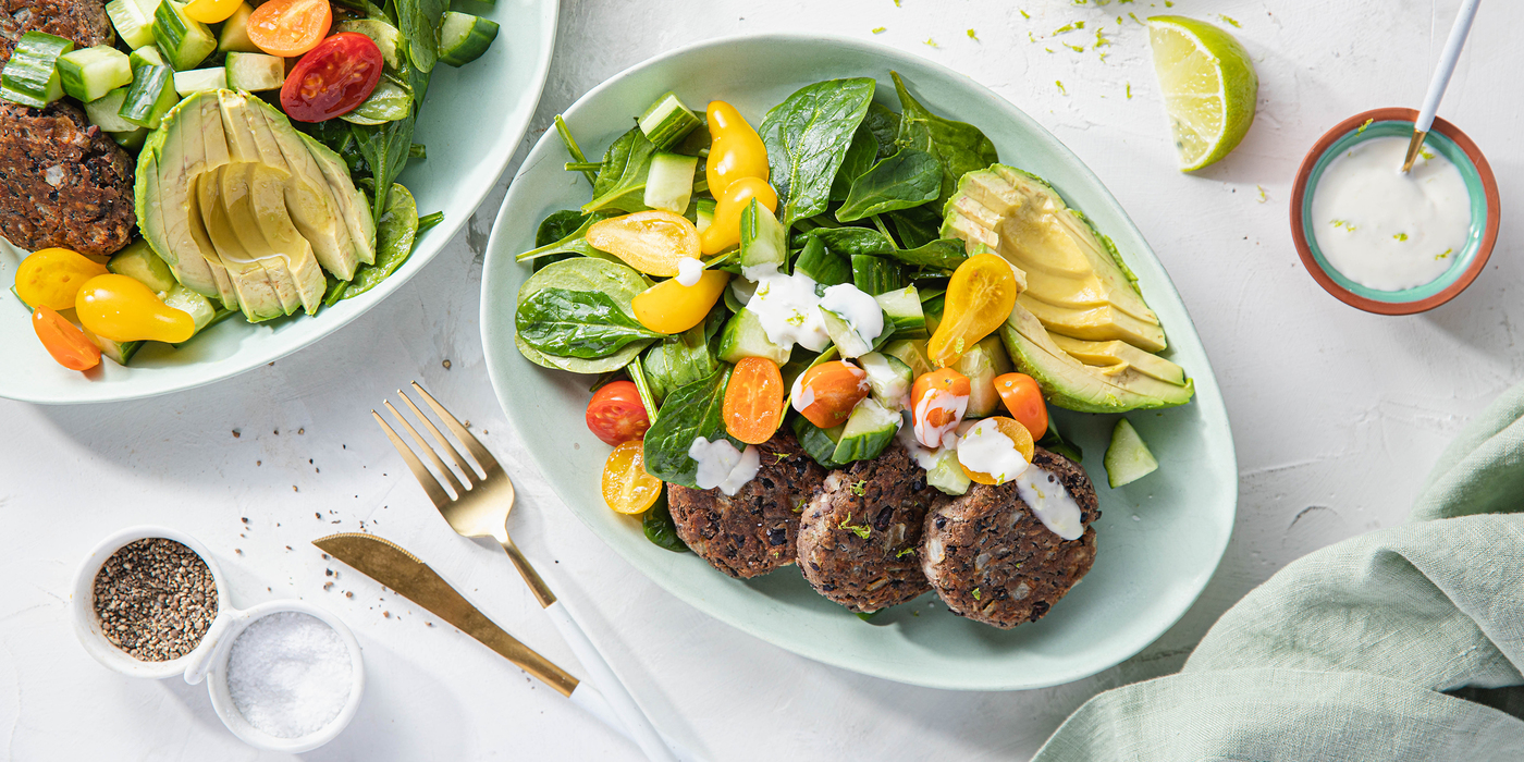 Crispy Black Bean Patties with Avocado Spinach Salad & Lime Aioli