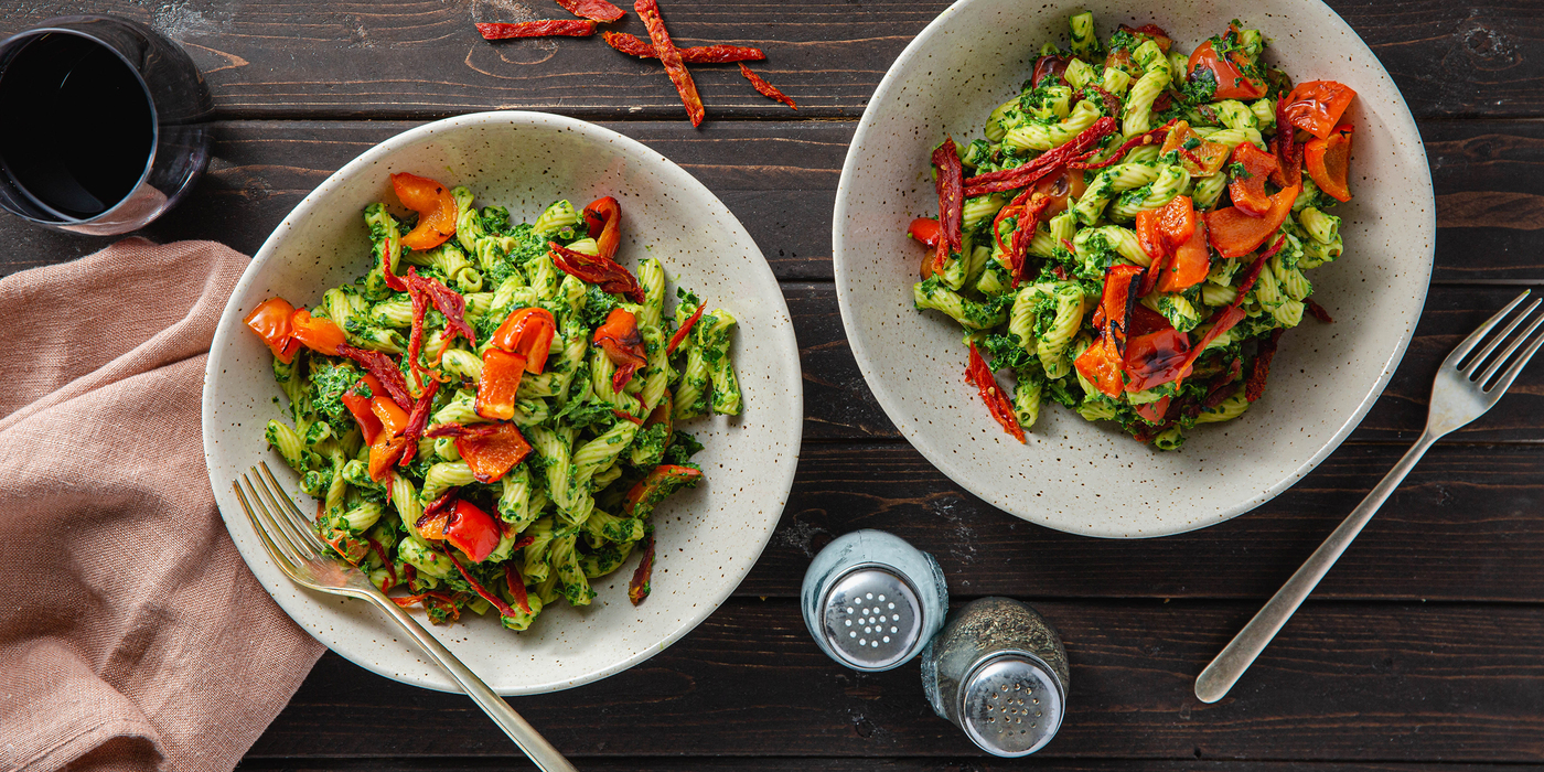 Kale Pesto Cavatappi with Charred Peppers & Sun-Dried Tomatoes