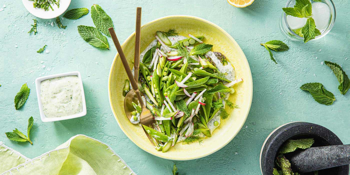 Snap Pea and Asparagus Salad with Minty Yogurt & Radishes