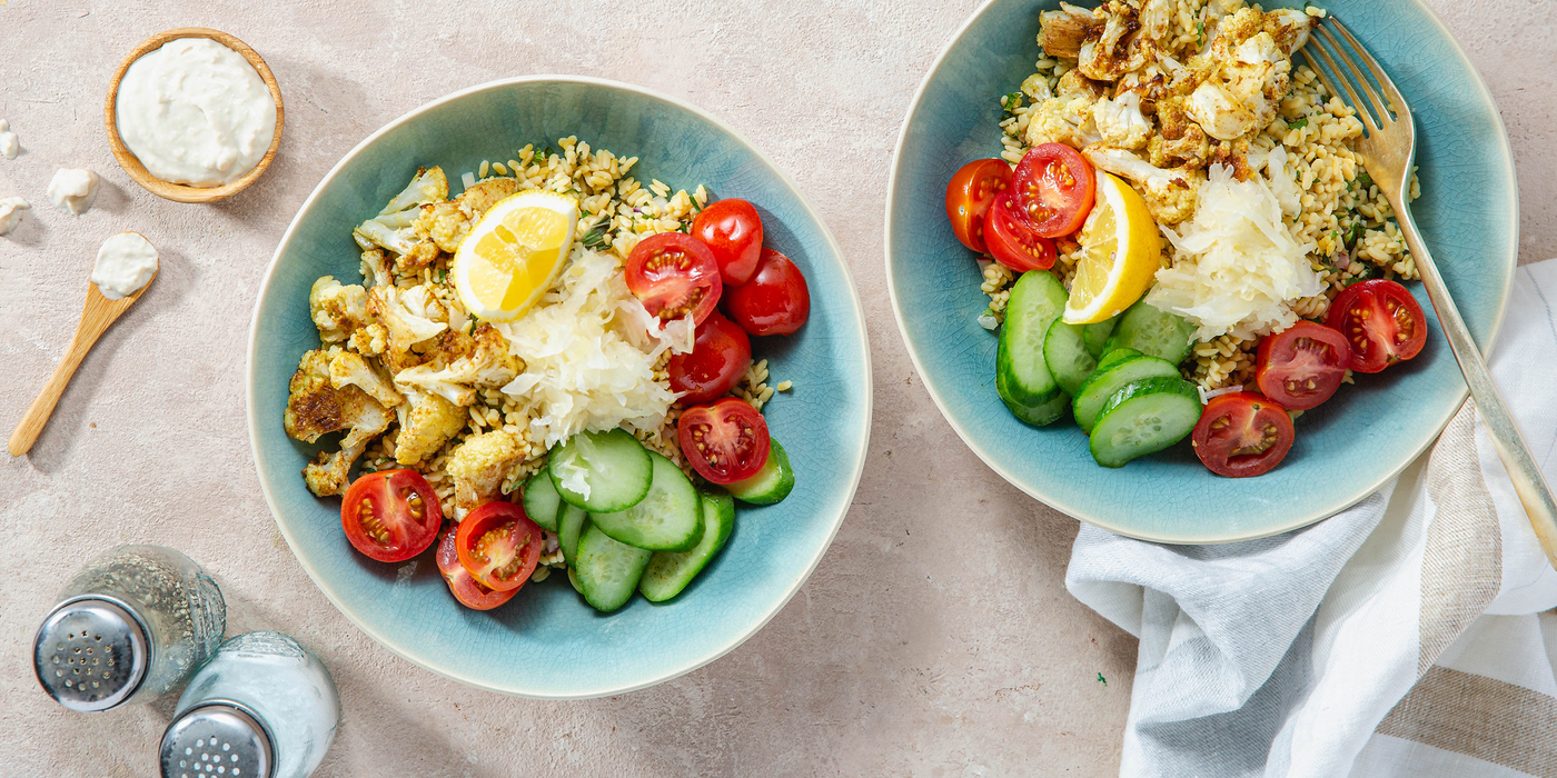 Middle Eastern Tabbouleh Bowls with Spiced Cauliflower & Tahini Yogurt