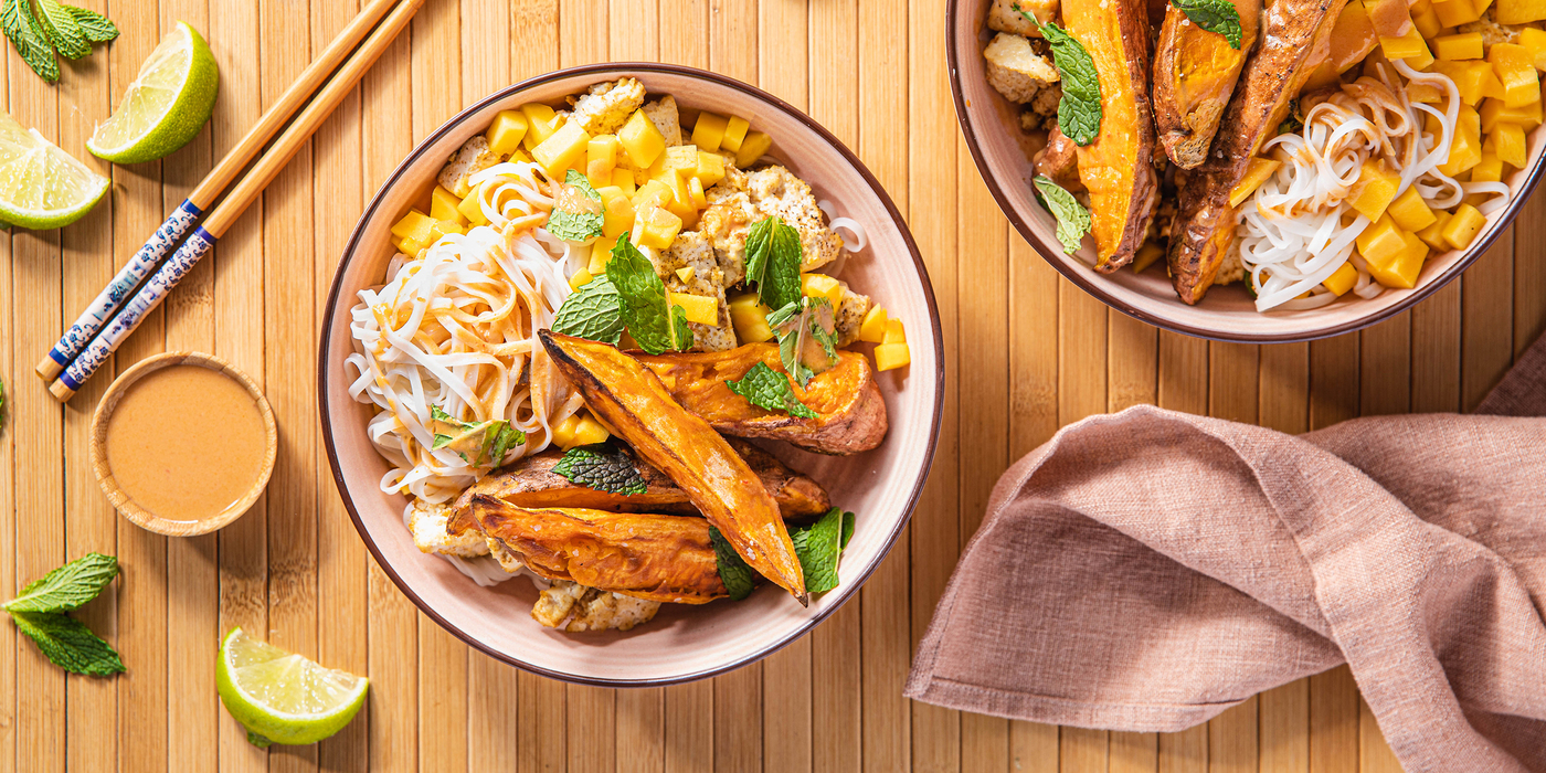 Thai Mango Noodle Bowls with Coriander Tofu & Roasted Sweet Potato