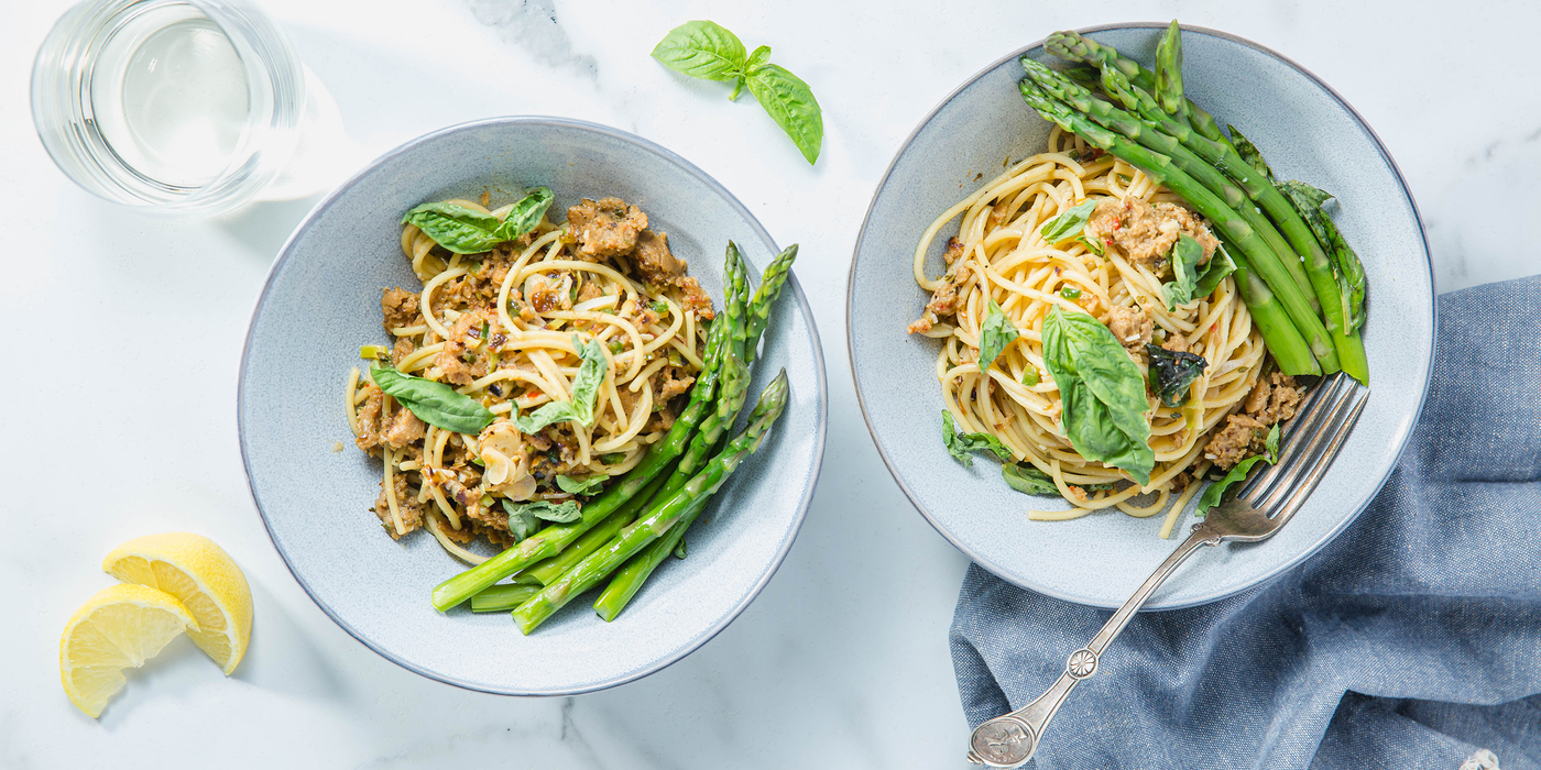 Lemon Basil Spaghetti with Italian Sausage & Asparagus