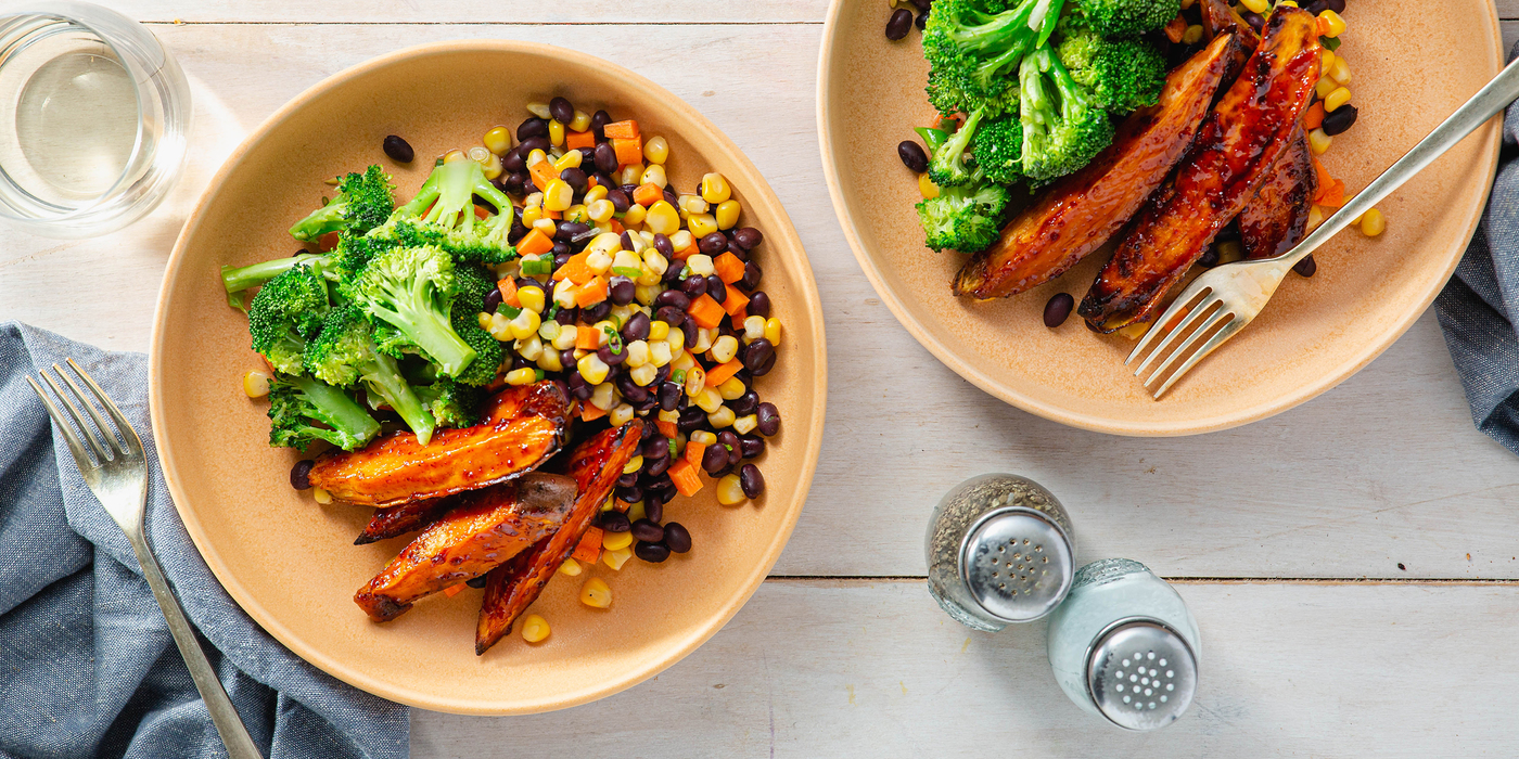 BBQ Glazed Sweet Potatoes with Broccoli & Sweet Corn Salad