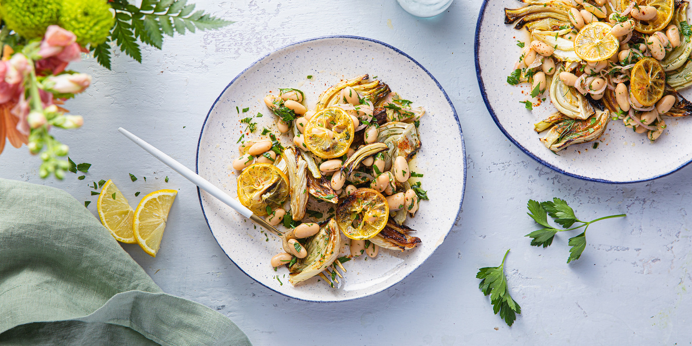 Roasted Fennel with Marinated Cannellini Beans & Crispy Lemons