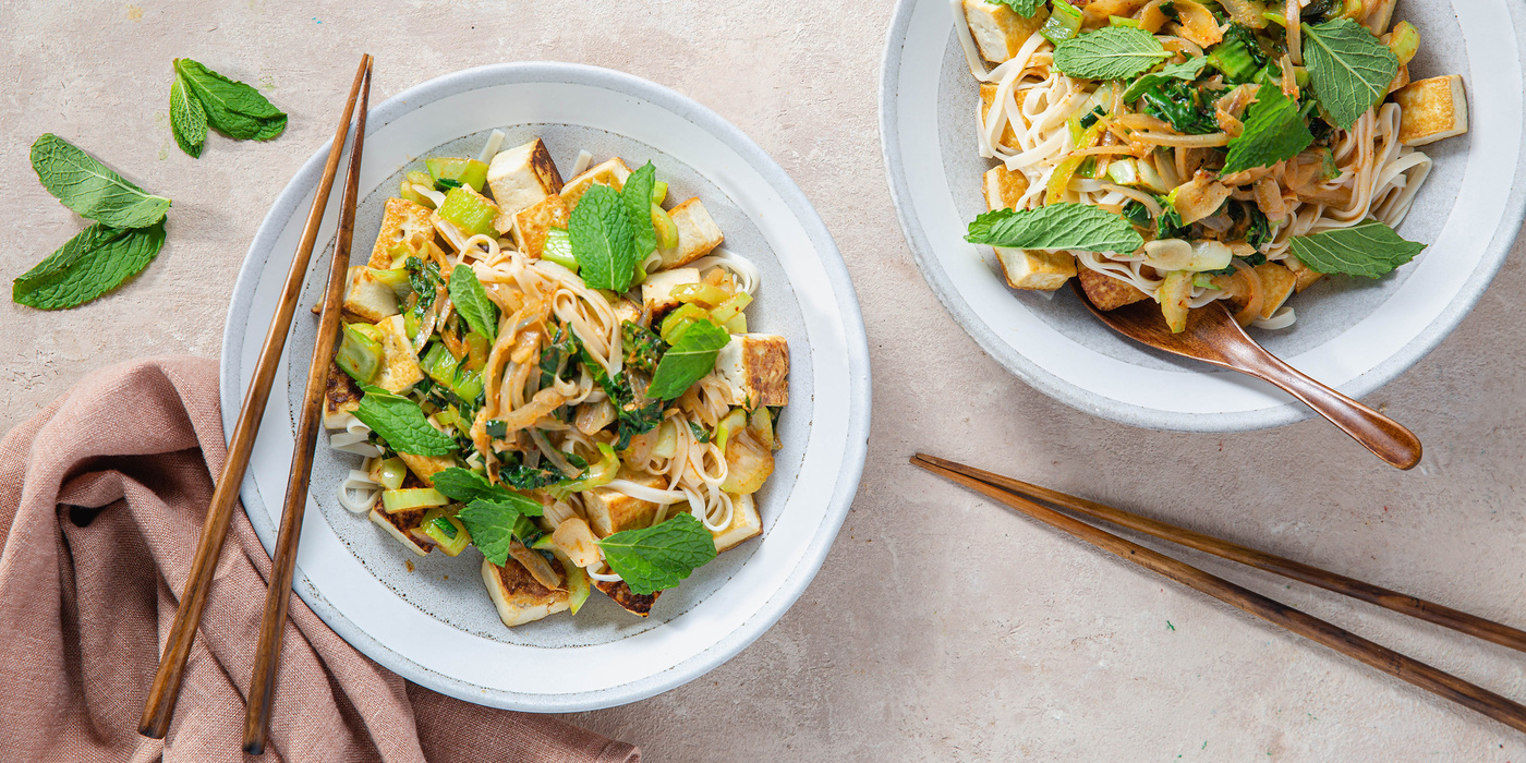 Spicy Red Curry Coconut Noodles with Crispy Tofu & Bok Choy