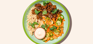 Spicy Bánh Mì Rice Bowls crispy seitan, spicy mayo, pickled veggies