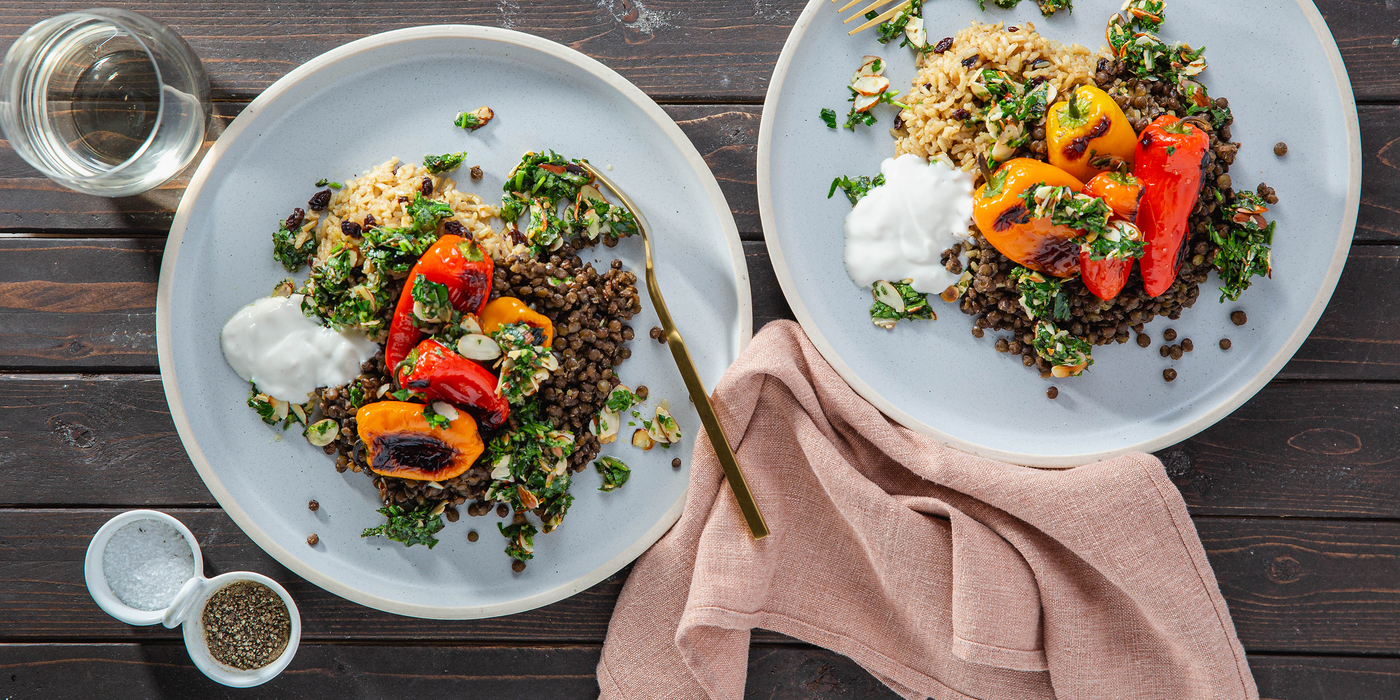 Roasted Sweet Peppers with French Lentils & Toasted Almond Salsa