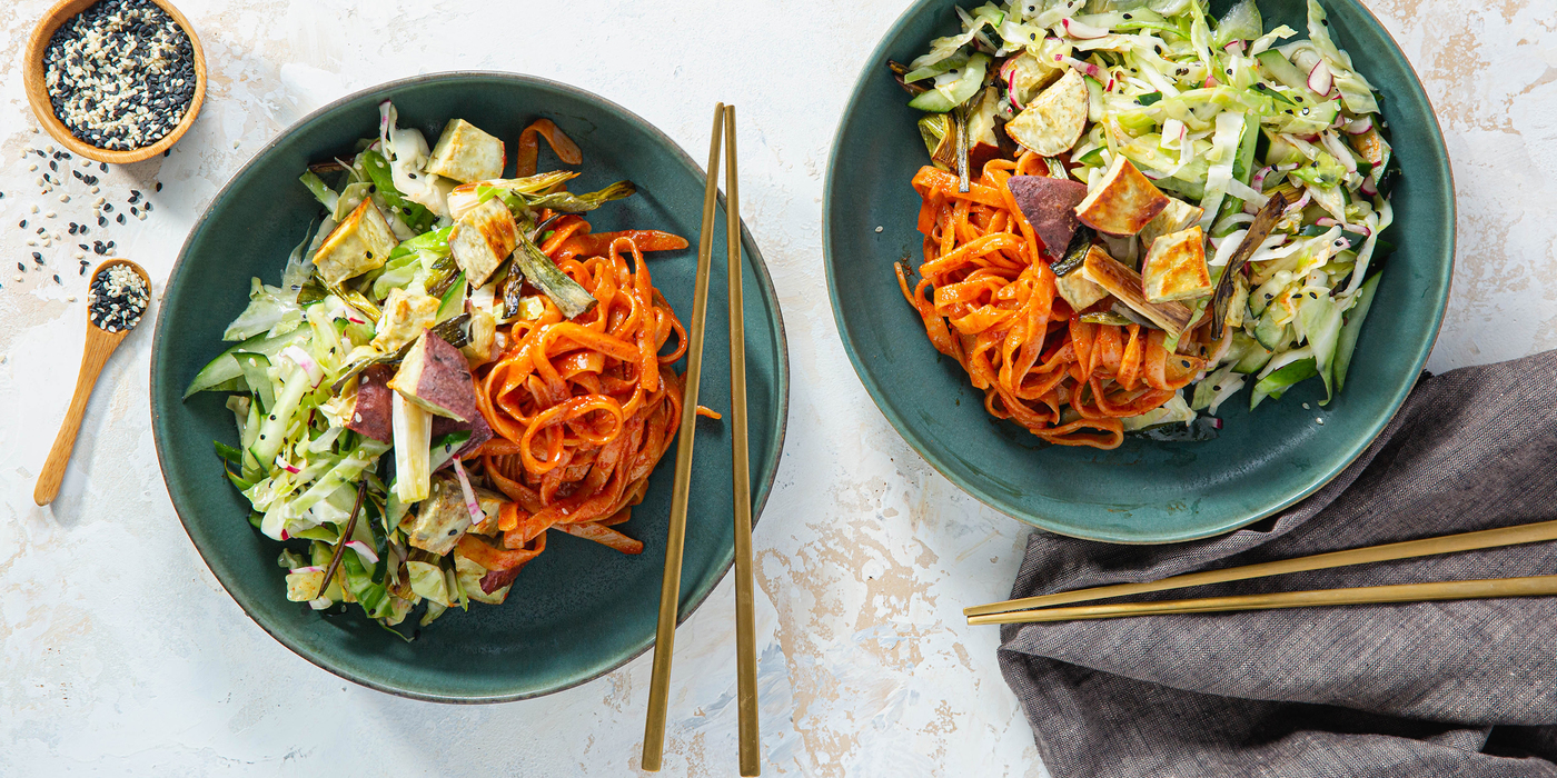 Spicy Gochujang Rice Noodles with Japanese Yam & Sesame Cabbage