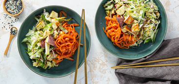 Spicy Gochujang Rice Noodles with Japanese Yam & Sesame Cabbage