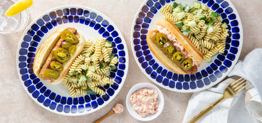 Italian Sausages with Pimento-Style Cheese & Dilly Pasta Salad