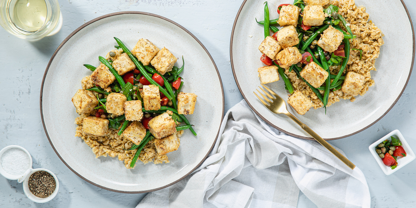 Lemon Pepper Tofu with Za'atar Smashed Chickpeas & Caper Vinaigrette