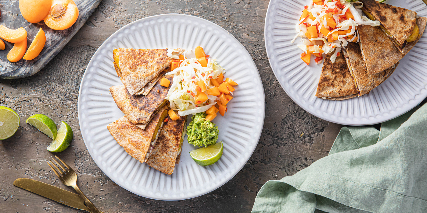 Quesadillas Maduros with Apricot Slaw & Smashed Avocado