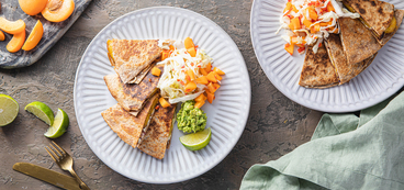 Quesadillas Maduros with Apricot Slaw & Smashed Avocado