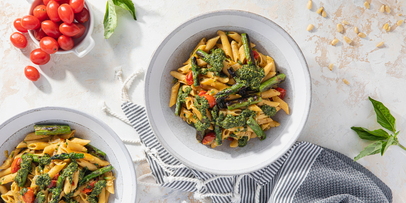 Penne al Pesto with Melted Zucchini & Charred Asparagus