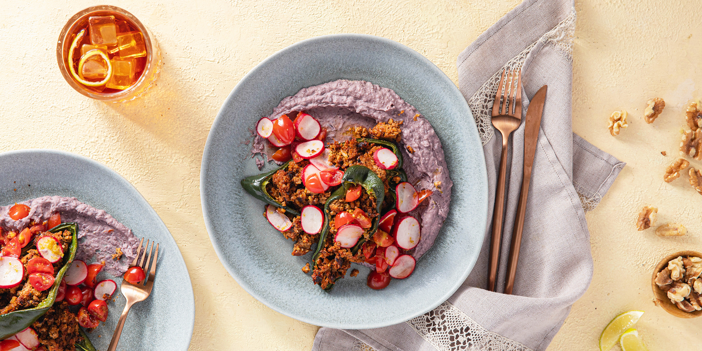 Stuffed Poblanos with Cauliflower Walnut Meat & Black Bean Puree