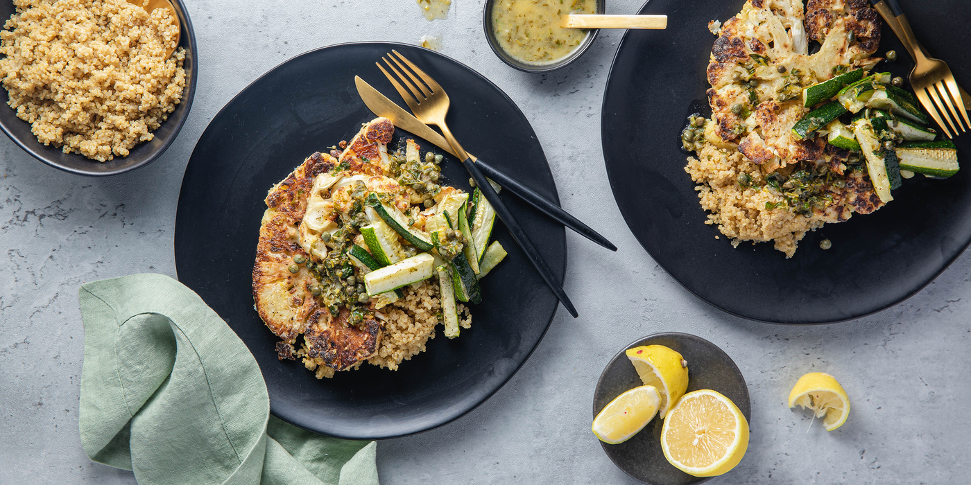 Cauliflower Piccata with Lemon Caper Butter Sauce & Roasted Zucchini