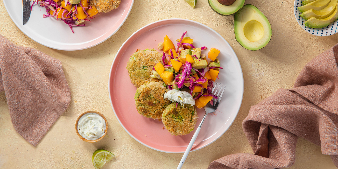 Tropical Avocado Cakes with Mango Slaw & Pickled Pepper Aioli