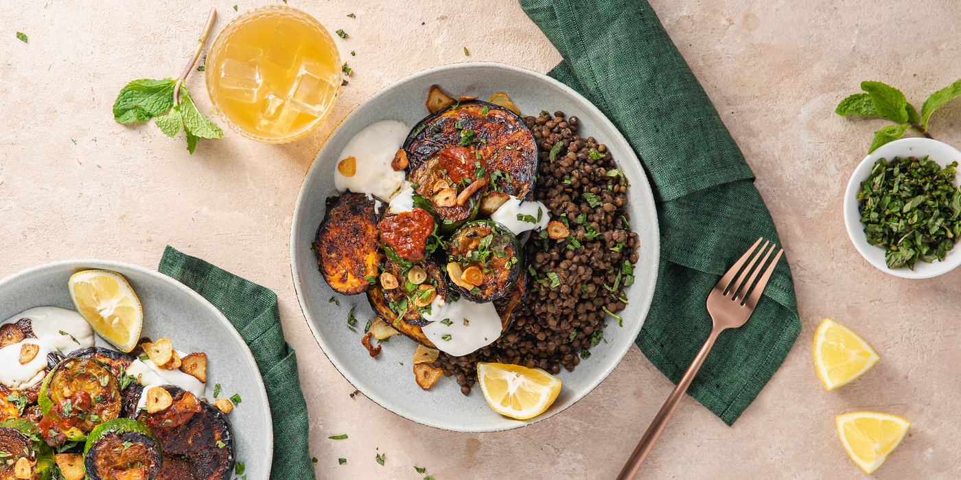 Harissa Glazed Eggplant Stacks with Garlicky Lentils & Mint