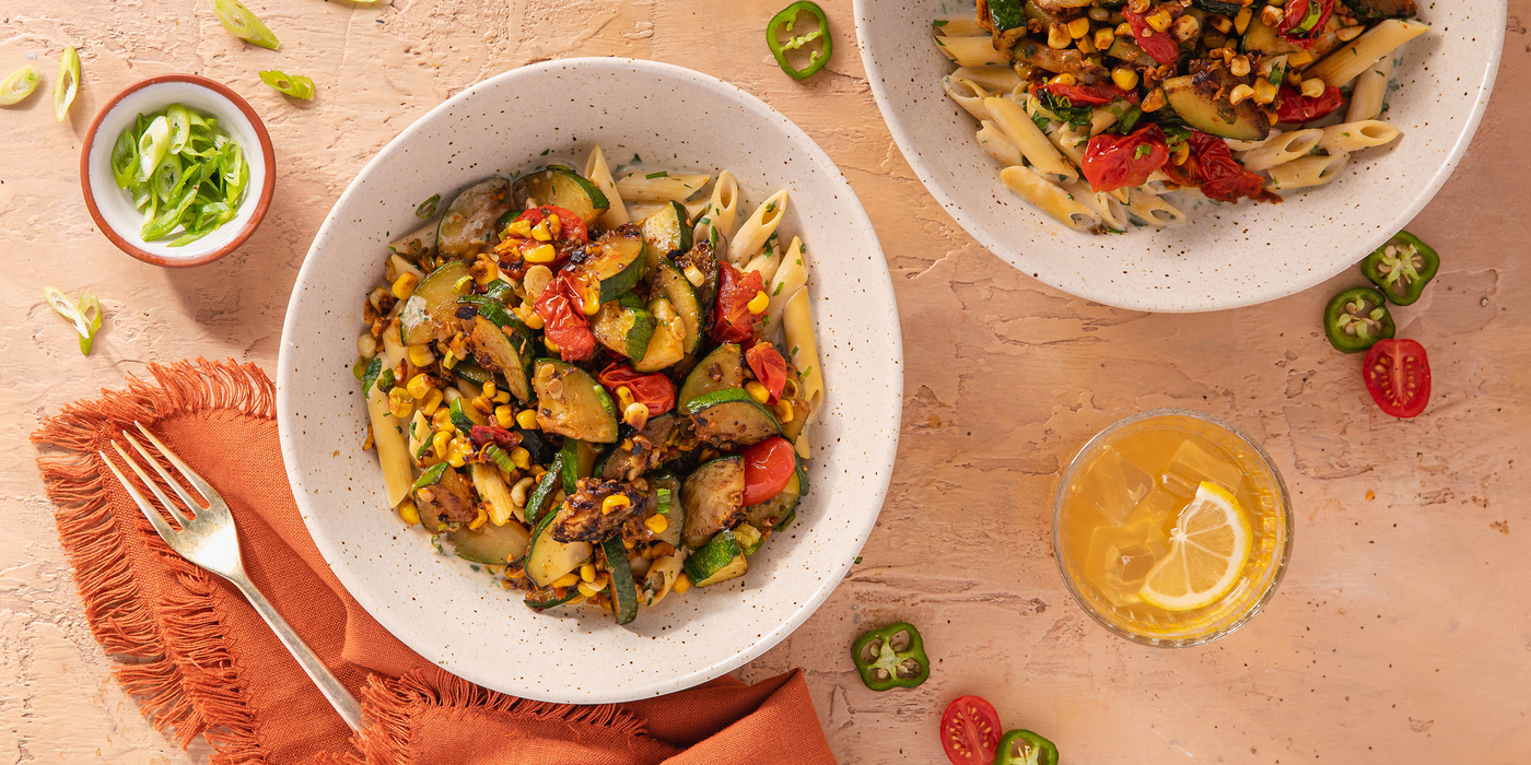 Summer Penne Alfredo with Sweet Corn & Burst Tomatoes