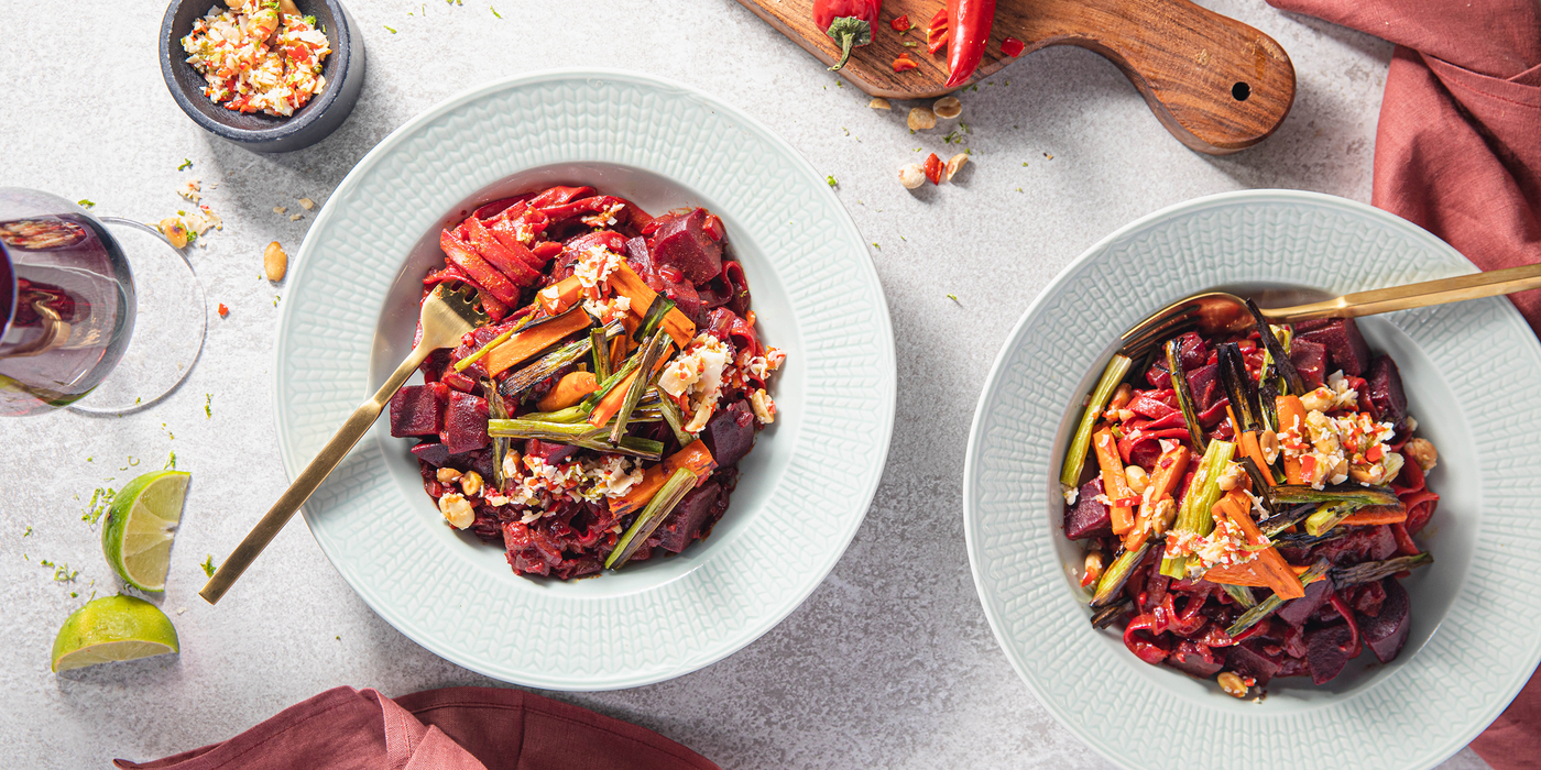 Sri Lankan Beet Curry with Rice Noodles & Coconut Peanut Sambal