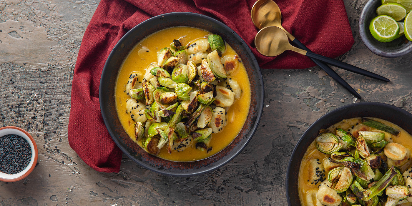 Black Sesame Gnocchi with Roasted Brussels Sprouts & Ginger Pumpkin Butter