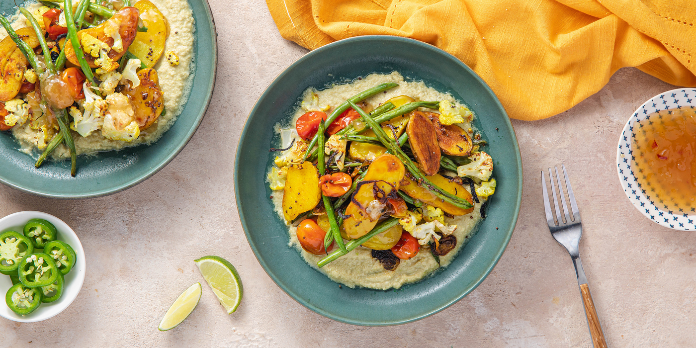 Turmeric Roasted Vegetables with Spicy Cumin Coconut Sauce & Mango Chutney