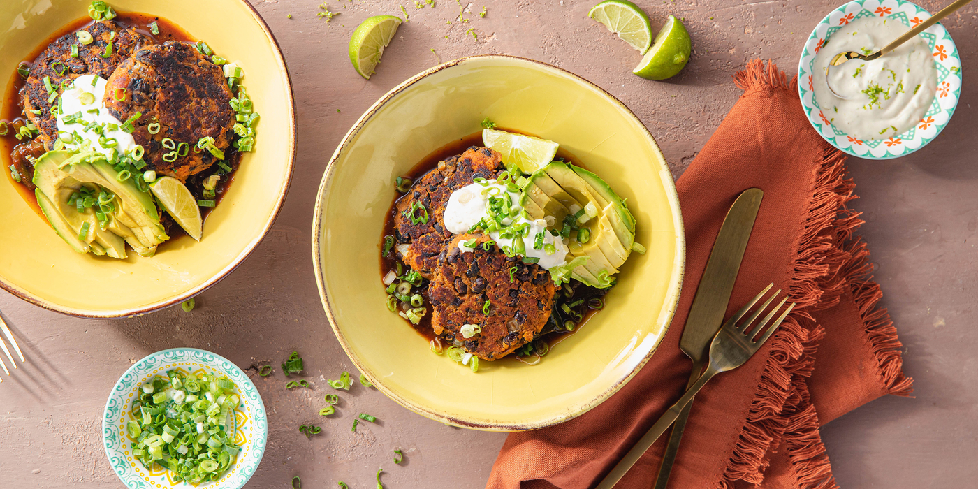 Sweet Potato Black Bean Cakes with Poblano Tinga & Avocado