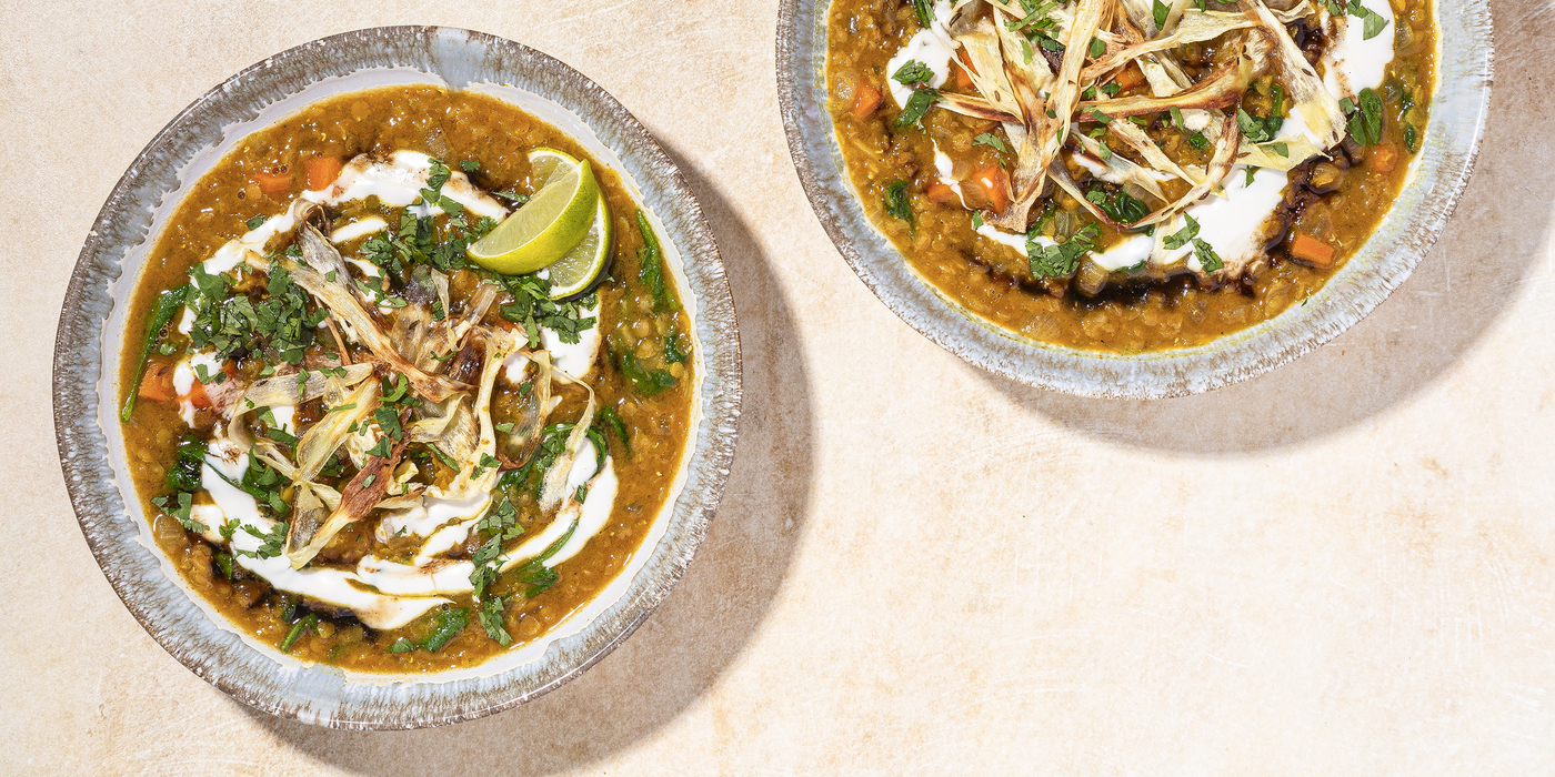 Red Lentil Soup with Tamarind Chutney & Roasted Parsnip Ribbons