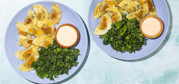 Kimchi Mushroom Dumplings with Sesame Kale Salad