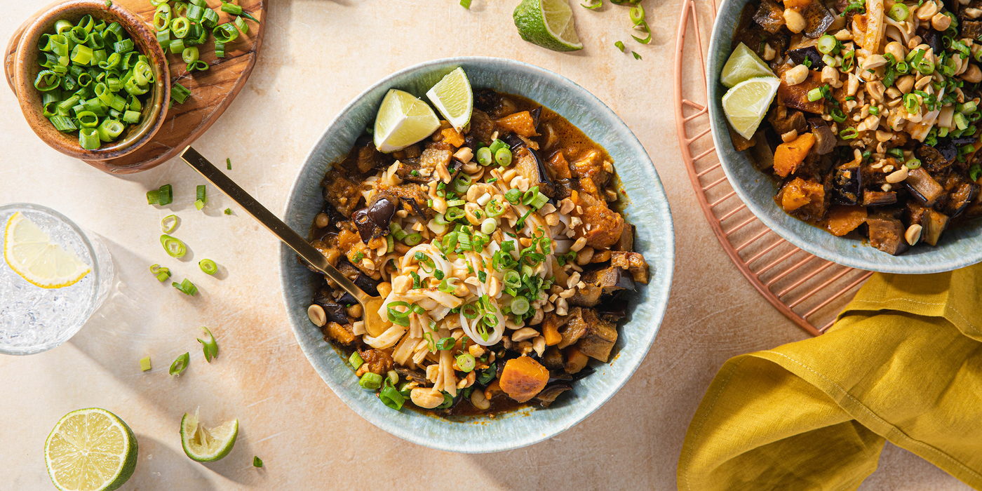 Kabocha Massaman Curry with Rice Noodles & Roasted Aubergine