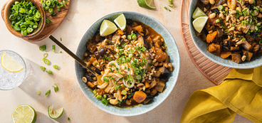 Kabocha Massaman Curry with Rice Noodles & Roasted Aubergine