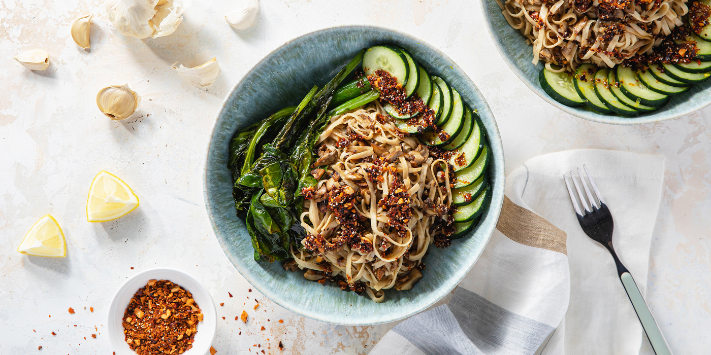 Szechuan Dan Dan Noodles with Gai Lan & Citrusy Cucumber