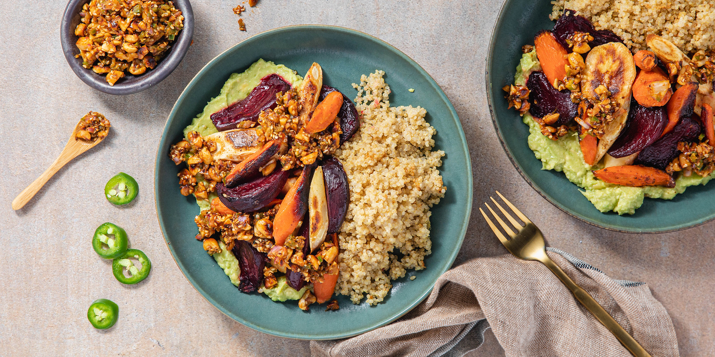 Cumin Roasted Root Vegetables with Smashed Avocado & Peanut Sesame Salsa