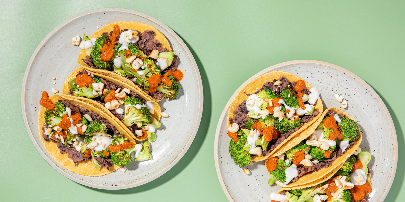 Charred Broccoli Tacos with Smashed Black Beans & Romesco