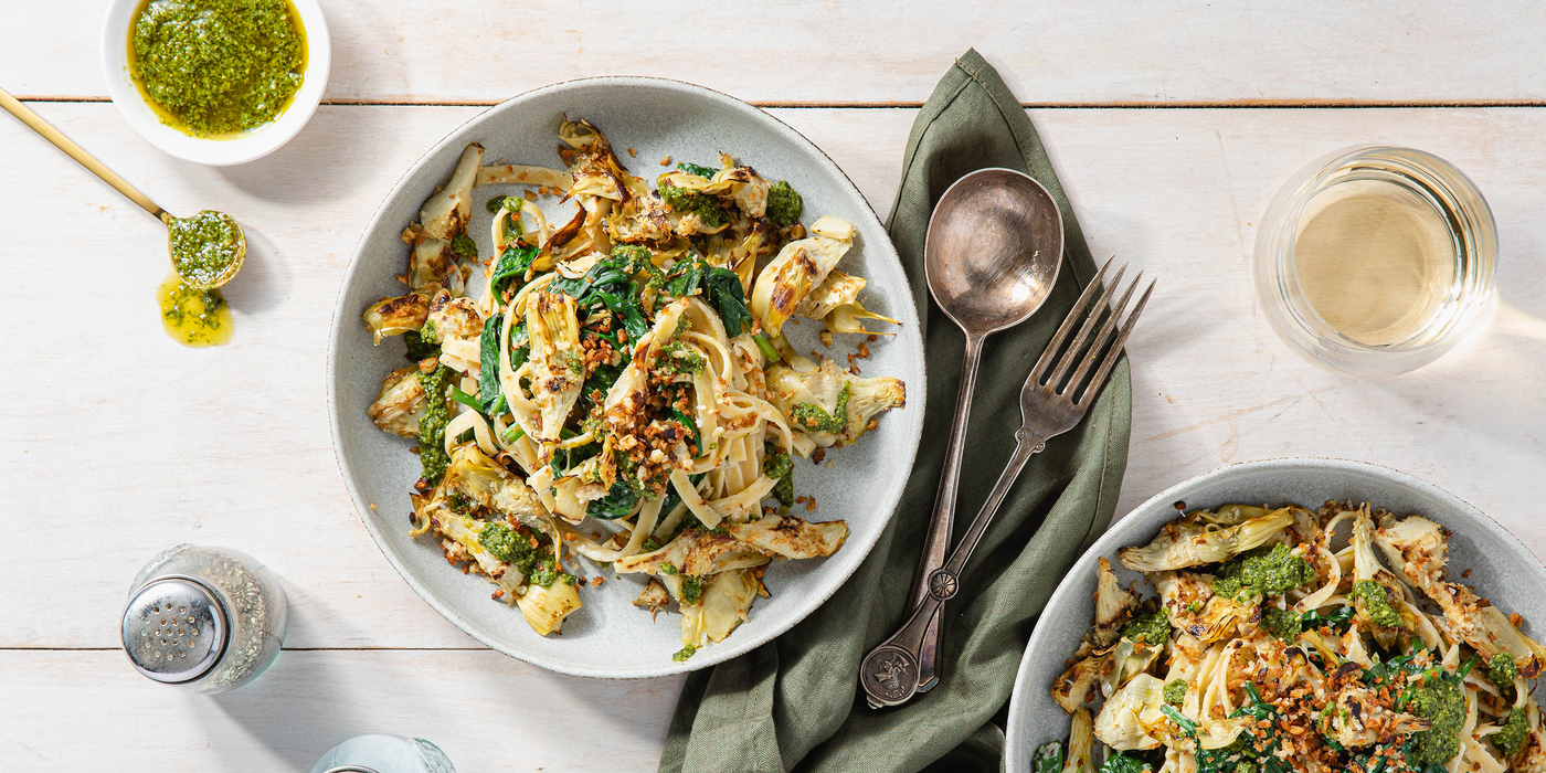 Fettuccine Alfredo with Spinach & Artichoke Breadcrumbs