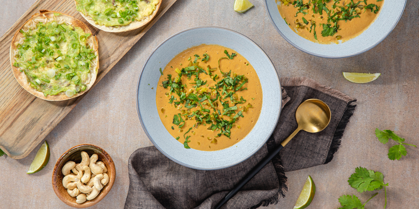 Creamy Corn Bisque with Cilantro & Smashed Avocado Tostadas