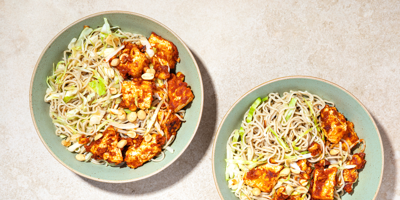 Chile Peanut Tofu with Crunchy Cabbage & Garlicky Noodles