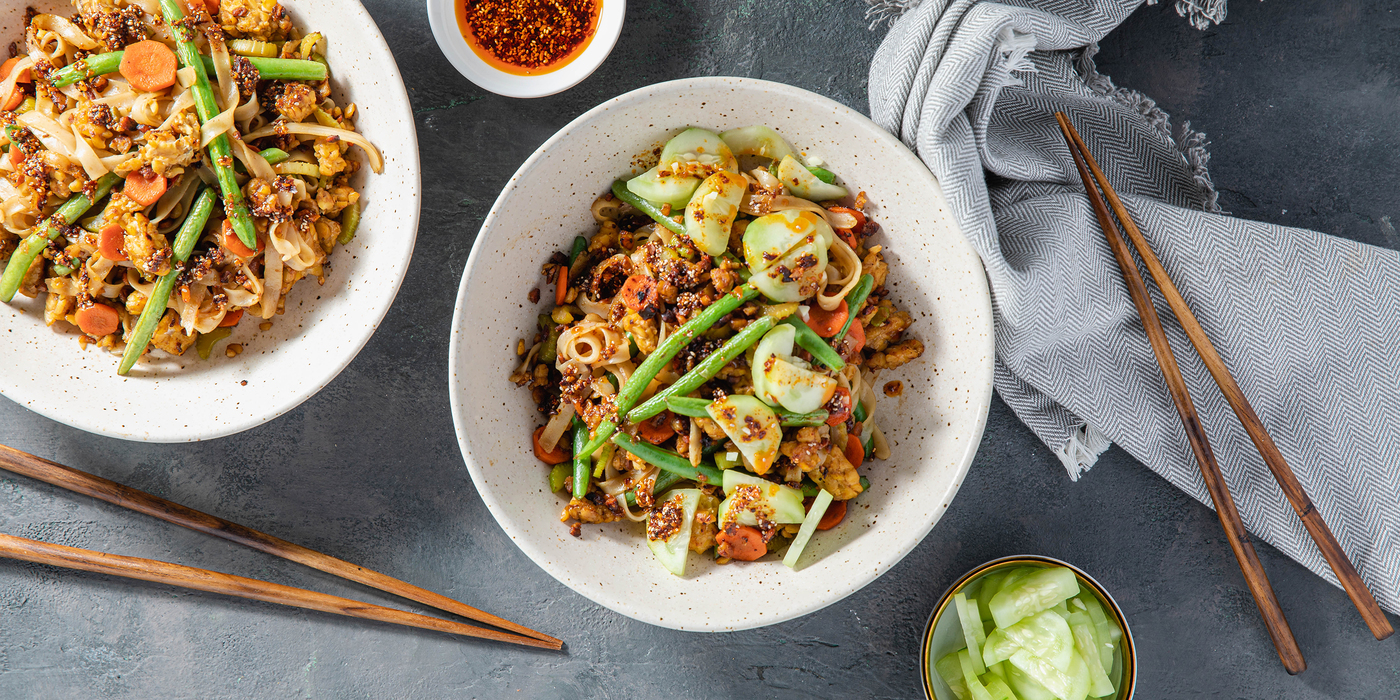 Szechuan Chile Noodles with Soy-Glazed Tempeh & Quick Pickles