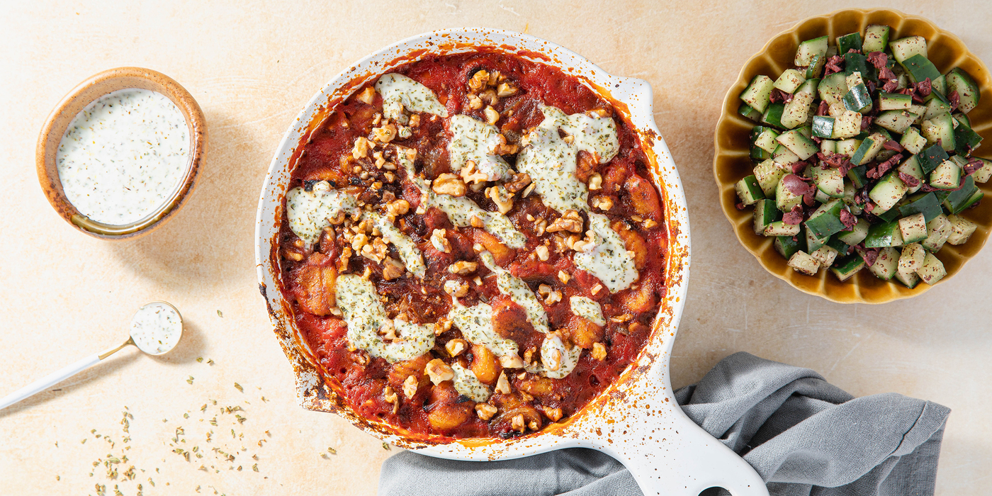 Turkish Style Tomato Gnocchi with Toasted Walnuts & Cucumber Olive Salad