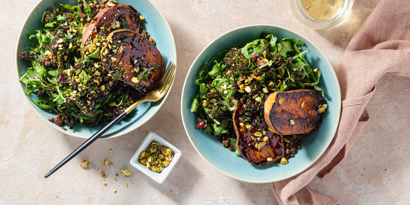 Fig Glazed Sweet Potato with Roasted Broccolini & Olive Tapenade