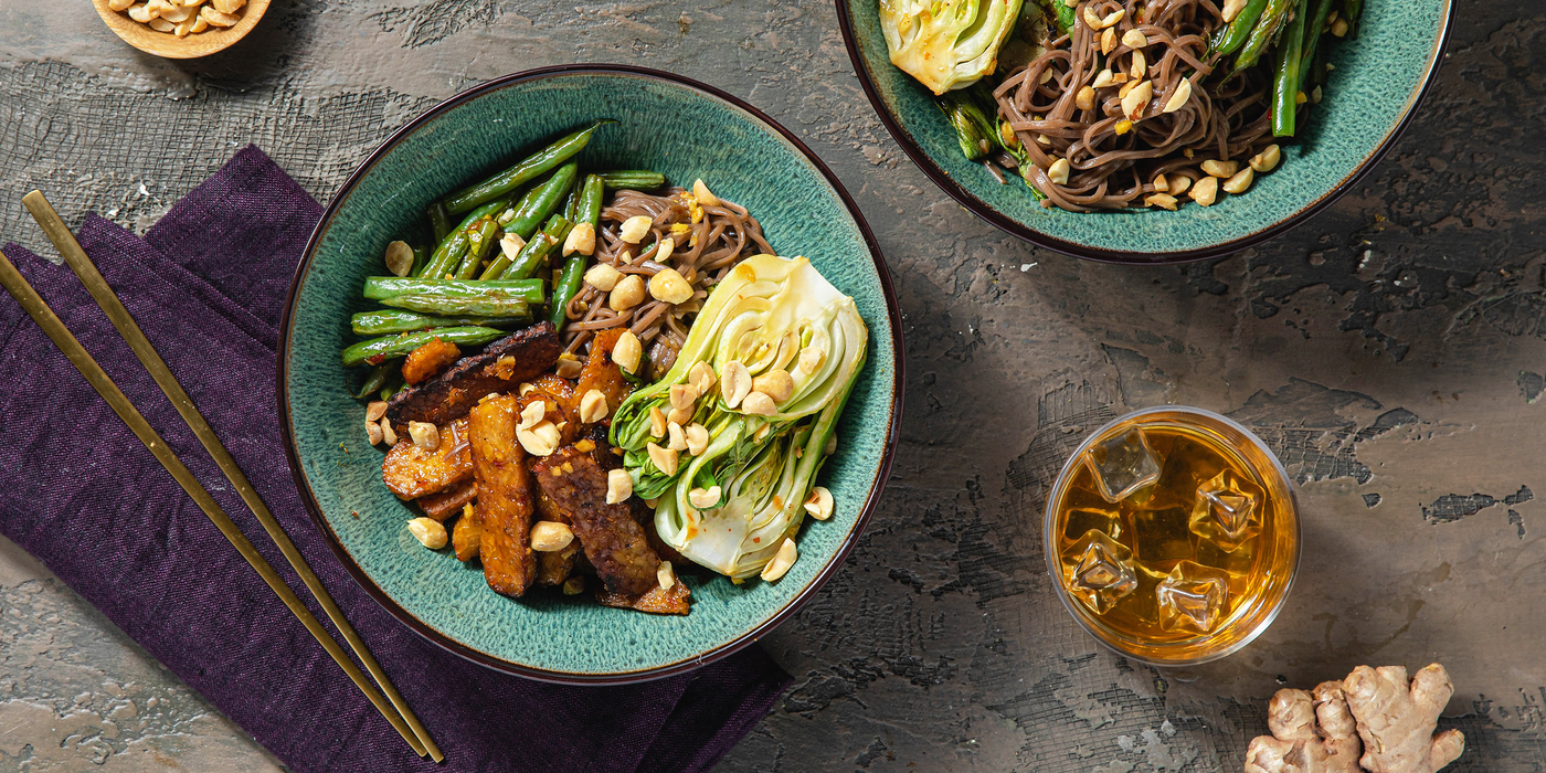 Maple Chile Soba Noodles with Crispy Sheet Pan Tempeh & Bok Choy