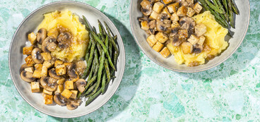 Tofu Marsala roasted green beans, mashed potatoes